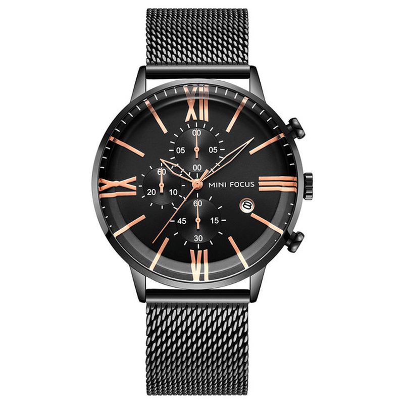 Mini Focus Mf0236G Biznesowy Chronograf Kalendarz Mesh Steel Quartz Zegarek Męskie Zegarek Na Rękę