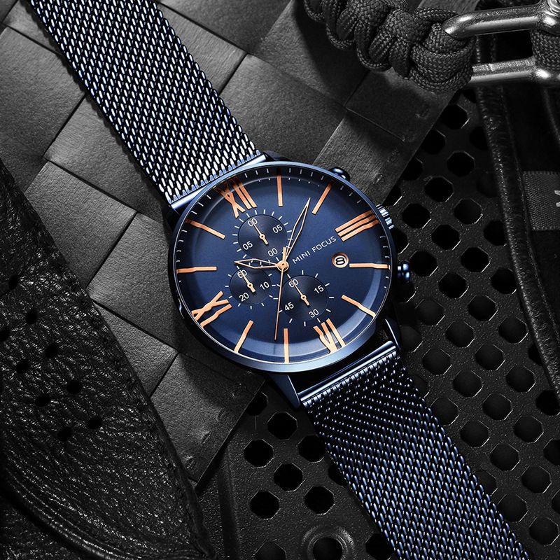 Mini Focus Mf0236G Biznesowy Chronograf Kalendarz Mesh Steel Quartz Zegarek Męskie Zegarek Na Rękę