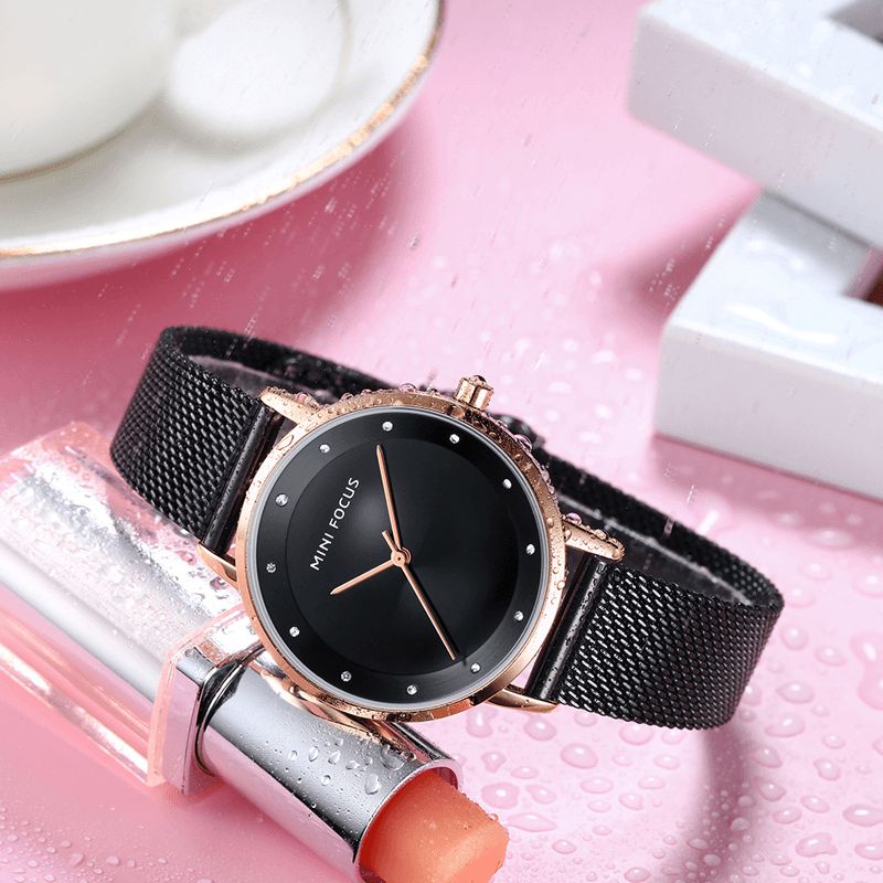 Mini Focus Mf0332L Moda Damski Zegarek Diamentowa Tarcza Wodoodporna Siatka Ze Stali Nierdzewnej Pasek Pasek Prosty Lady Quartz Watch