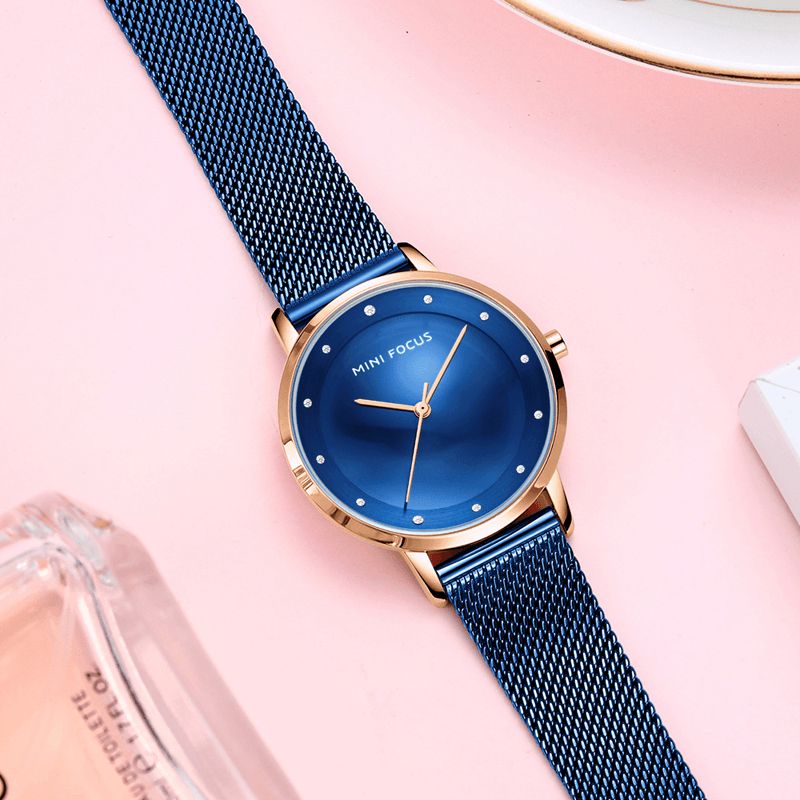 Mini Focus Mf0332L Moda Damski Zegarek Diamentowa Tarcza Wodoodporna Siatka Ze Stali Nierdzewnej Pasek Pasek Prosty Lady Quartz Watch