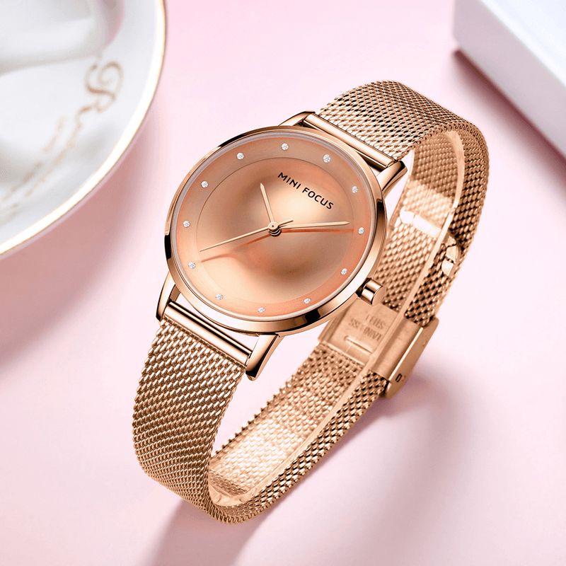 Mini Focus Mf0332L Moda Damski Zegarek Diamentowa Tarcza Wodoodporna Siatka Ze Stali Nierdzewnej Pasek Pasek Prosty Lady Quartz Watch