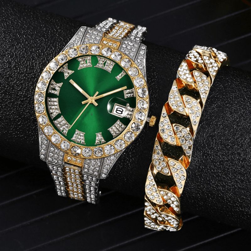 Moda 2 Sztuk / Zestaw Alloy Diamond Business Zegarek Zdobiony Wskaźnik Quartz Zegarek Bransoletka