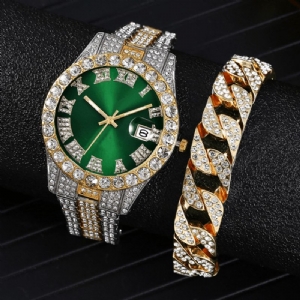 Moda 2 Sztuk / Zestaw Alloy Diamond Business Zegarek Zdobiony Wskaźnik Quartz Zegarek Bransoletka