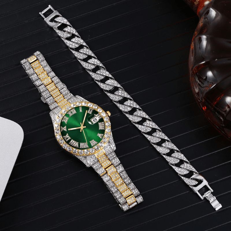 Moda 2 Sztuk / Zestaw Alloy Diamond Business Zegarek Zdobiony Wskaźnik Quartz Zegarek Bransoletka