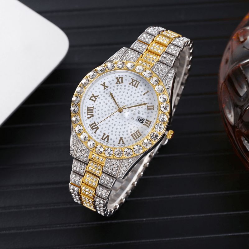 Moda 2 Sztuk / Zestaw Alloy Diamond Business Zegarek Zdobiony Wskaźnik Quartz Zegarek Bransoletka