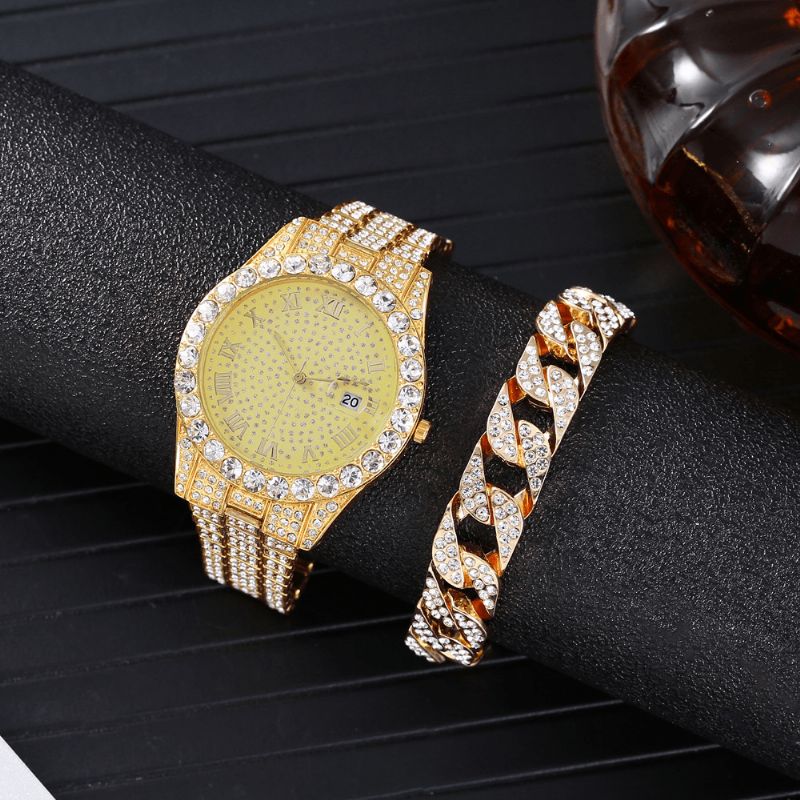 Moda 2 Sztuk / Zestaw Alloy Diamond Business Zegarek Zdobiony Wskaźnik Quartz Zegarek Bransoletka