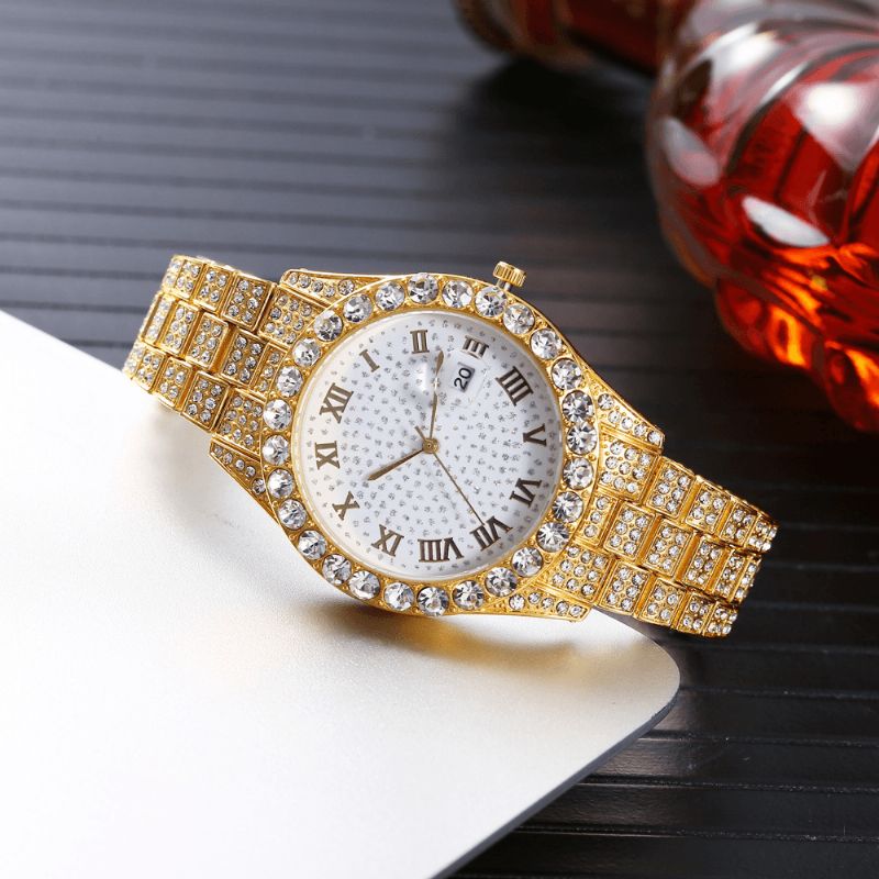 Moda 2 Sztuk / Zestaw Alloy Diamond Business Zegarek Zdobiony Wskaźnik Quartz Zegarek Bransoletka