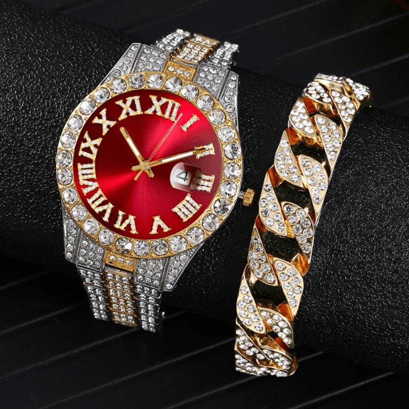 Moda 2 Sztuk / Zestaw Alloy Diamond Business Zegarek Zdobiony Wskaźnik Quartz Zegarek Bransoletka