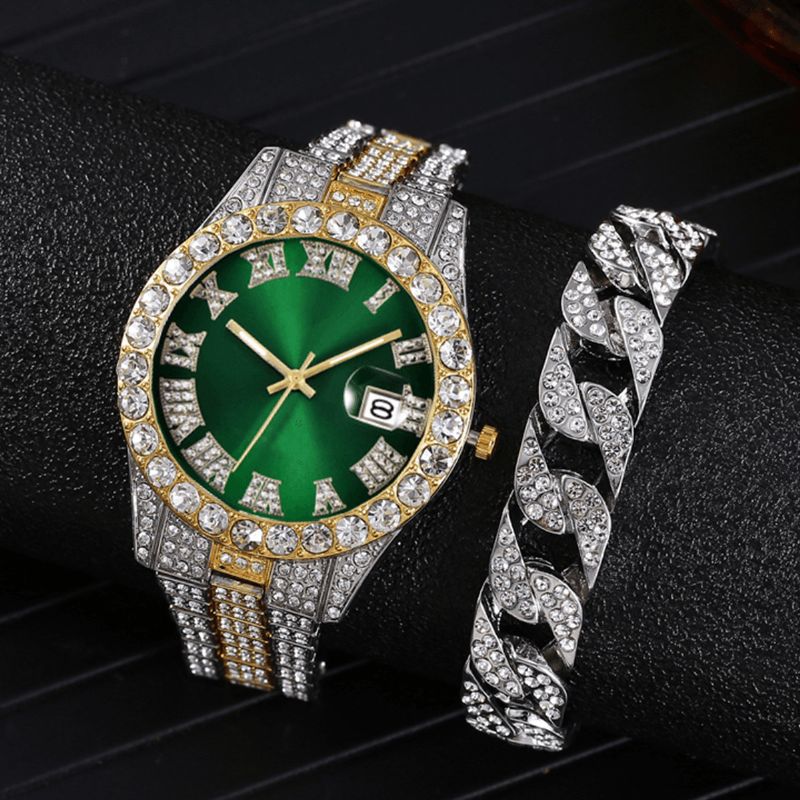 Moda 2 Sztuk / Zestaw Alloy Diamond Business Zegarek Zdobiony Wskaźnik Quartz Zegarek Bransoletka