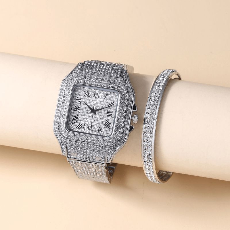 Moda Alloy Business 2 Pcs Square Full Diamond Steel Band Zegarek Kwarcowy Zestaw Bransoletek