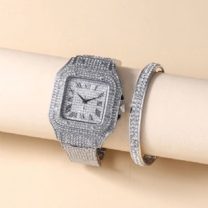 Moda Alloy Business 2 Pcs Square Full Diamond Steel Band Zegarek Kwarcowy Zestaw Bransoletek