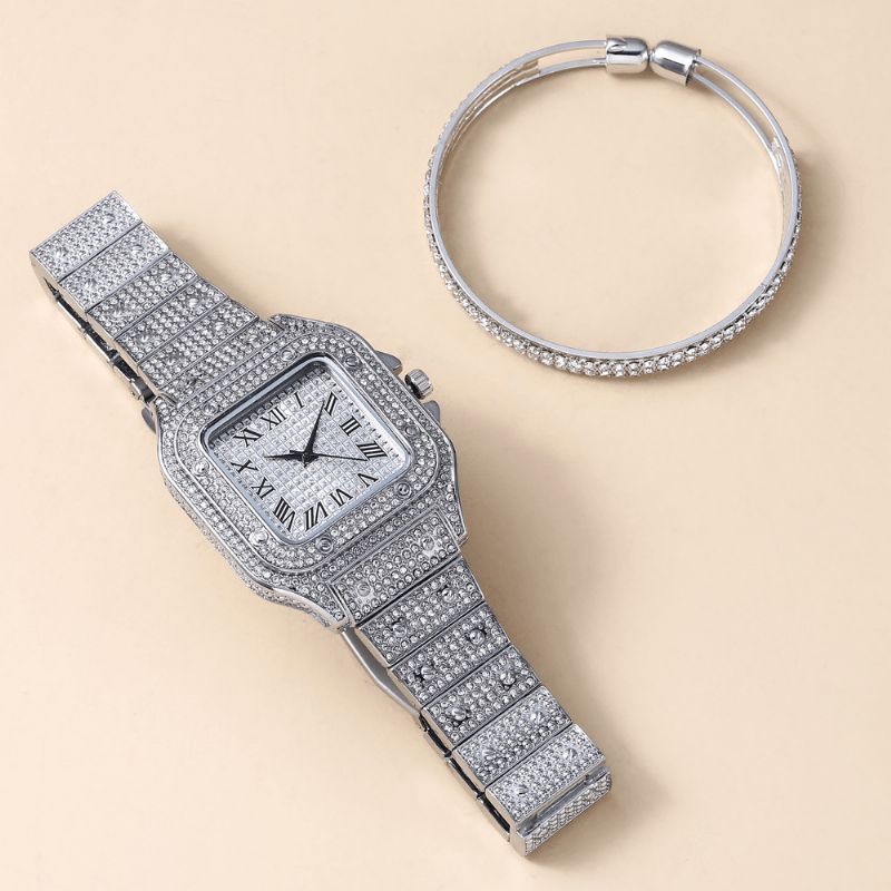 Moda Alloy Business 2 Pcs Square Full Diamond Steel Band Zegarek Kwarcowy Zestaw Bransoletek