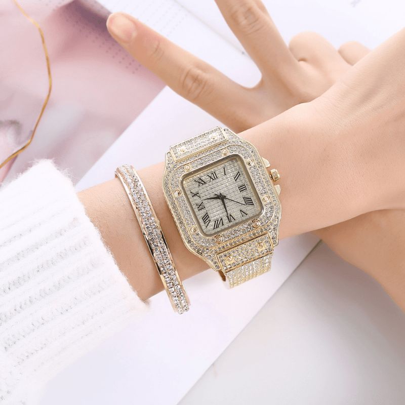 Moda Alloy Business 2 Pcs Square Full Diamond Steel Band Zegarek Kwarcowy Zestaw Bransoletek