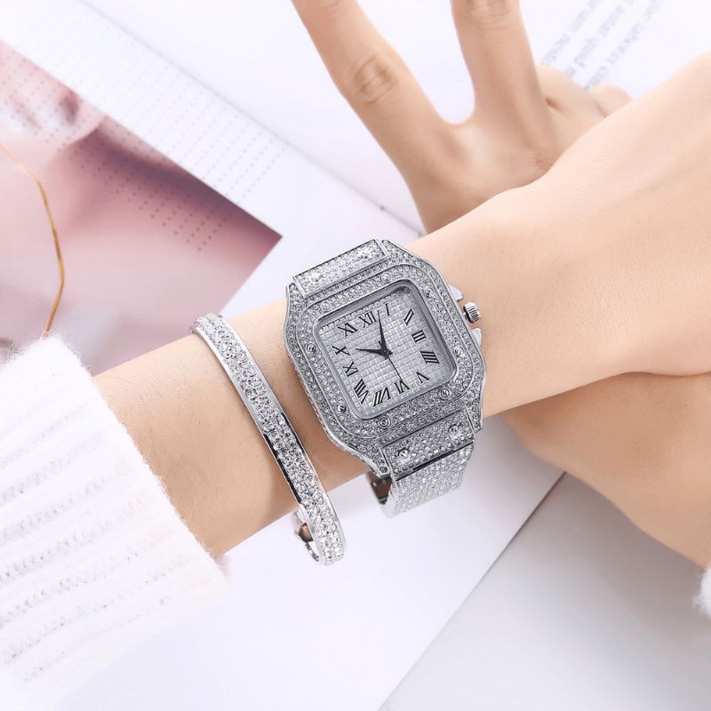 Moda Alloy Business 2 Pcs Square Full Diamond Steel Band Zegarek Kwarcowy Zestaw Bransoletek