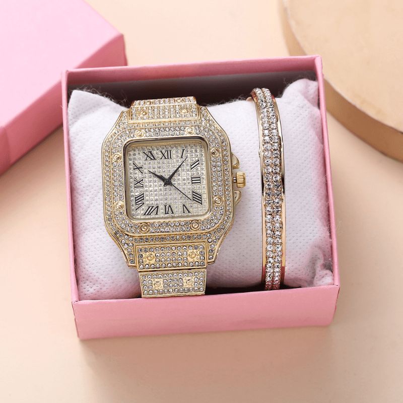 Moda Alloy Business 2 Pcs Square Full Diamond Steel Band Zegarek Kwarcowy Zestaw Bransoletek