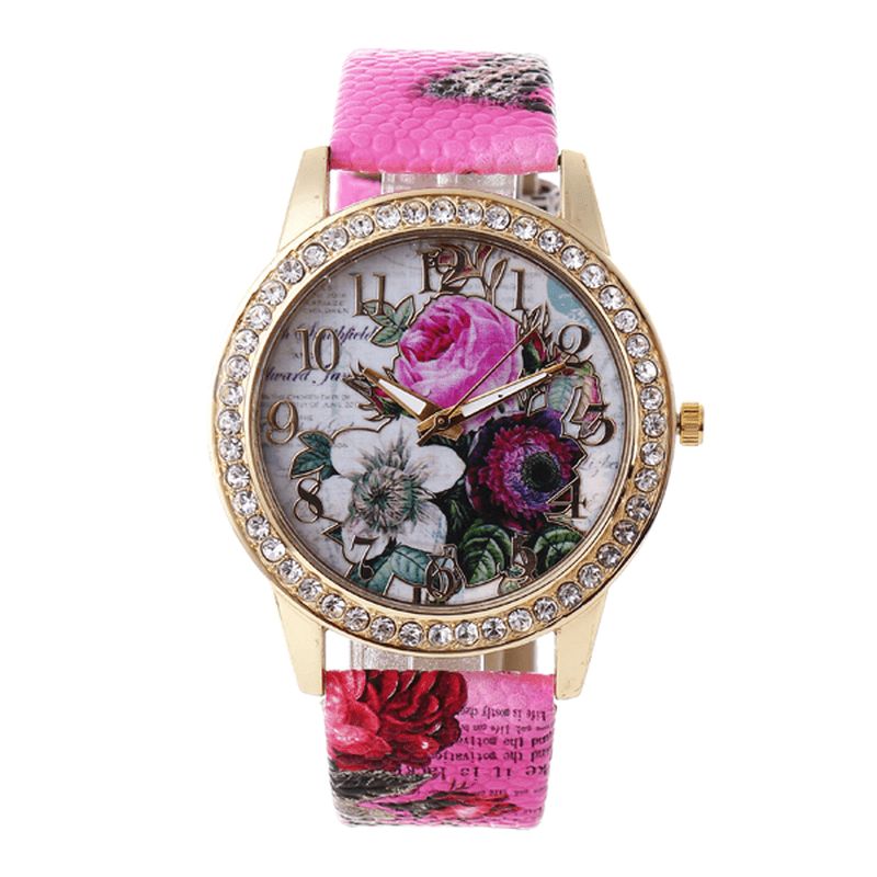 Moda Bohemia Style Damskie Zegarek Skórzany Pasek Retro Rose Pattern Quartz Watch