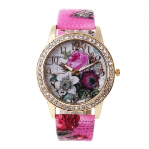 Moda Bohemia Style Damskie Zegarek Skórzany Pasek Retro Rose Pattern Quartz Watch