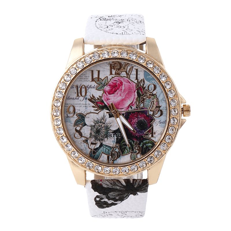 Moda Bohemia Style Damskie Zegarek Skórzany Pasek Retro Rose Pattern Quartz Watch