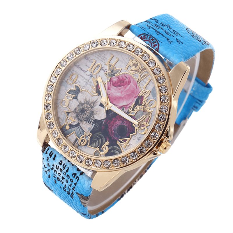 Moda Bohemia Style Damskie Zegarek Skórzany Pasek Retro Rose Pattern Quartz Watch