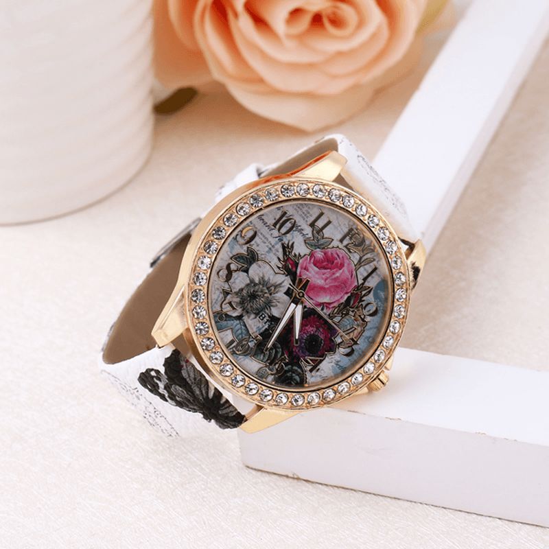 Moda Bohemia Style Damskie Zegarek Skórzany Pasek Retro Rose Pattern Quartz Watch