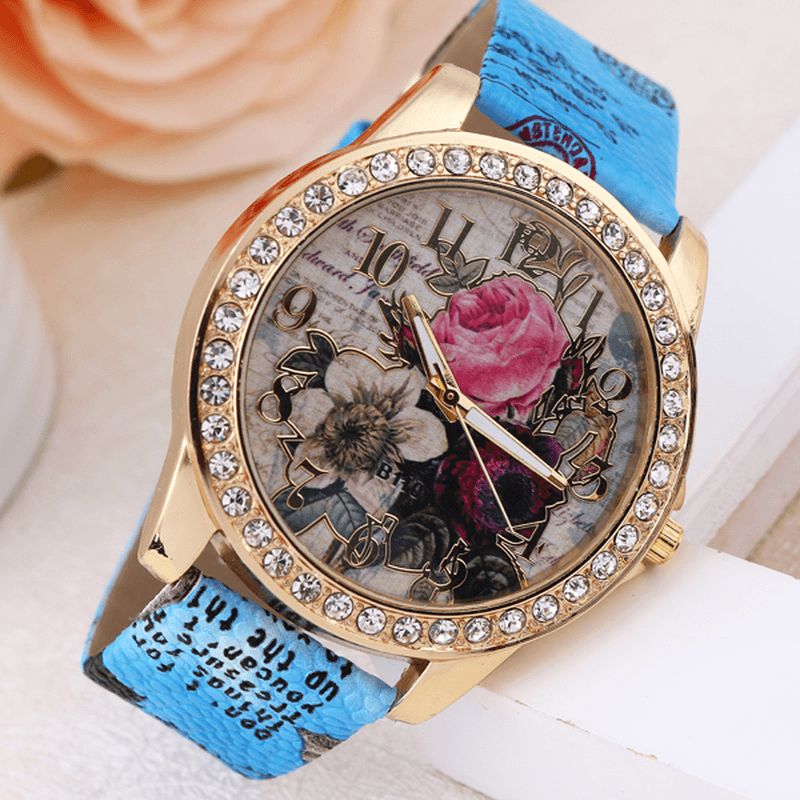 Moda Bohemia Style Damskie Zegarek Skórzany Pasek Retro Rose Pattern Quartz Watch