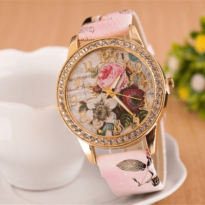 Moda Bohemia Style Damskie Zegarek Skórzany Pasek Retro Rose Pattern Quartz Watch