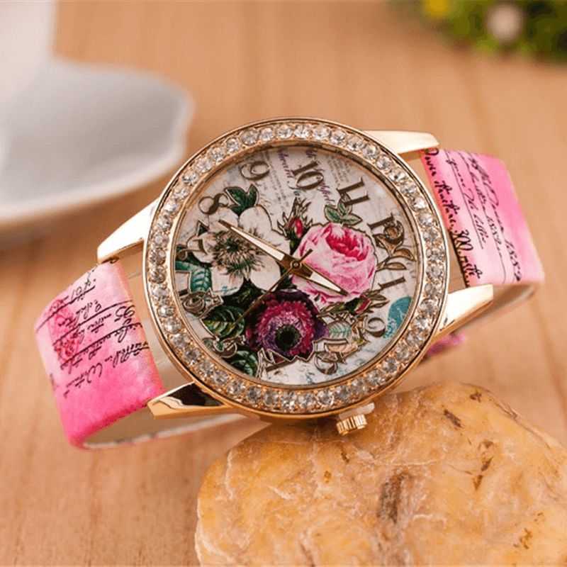 Moda Bohemia Style Damskie Zegarek Skórzany Pasek Retro Rose Pattern Quartz Watch