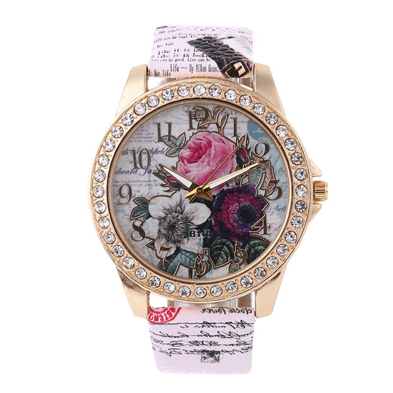 Moda Bohemia Style Damskie Zegarek Skórzany Pasek Retro Rose Pattern Quartz Watch