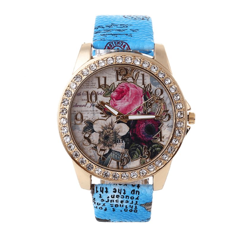 Moda Bohemia Style Damskie Zegarek Skórzany Pasek Retro Rose Pattern Quartz Watch