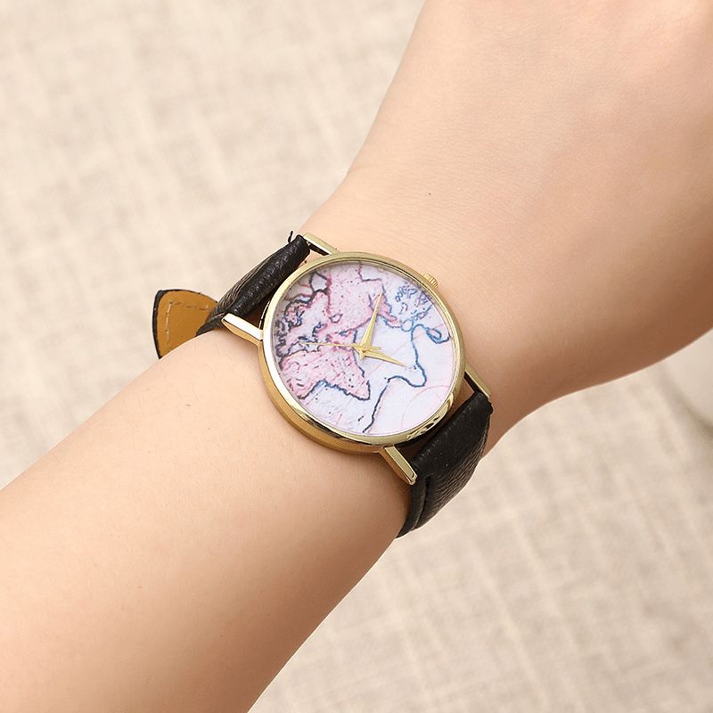 Moda Codzienne Pu Skórzany Pasek Mapa Dial Damskie Wrist Zegarek Zegarek Kwarcowy