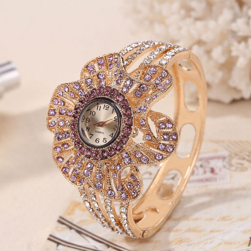 Moda Crystal Flower Shape Dial Hollow Metalowy Pasek Damski Zegarek Kwarcowy