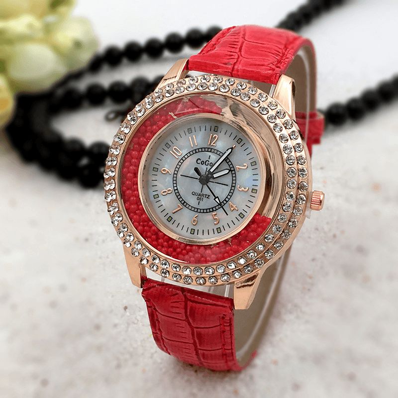 Moda Damska Ubiera Kolorowy Skórzany Pasek Crystal Damskie Quartz Watch