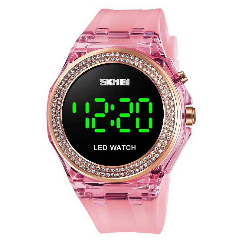 Moda Damskie Zegarek Diamentowa Tarcza Przezroczysty Pasek Pu Luminous Display Lady Digital Watch