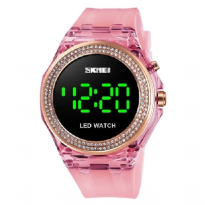 Moda Damskie Zegarek Diamentowa Tarcza Przezroczysty Pasek Pu Luminous Display Lady Digital Watch