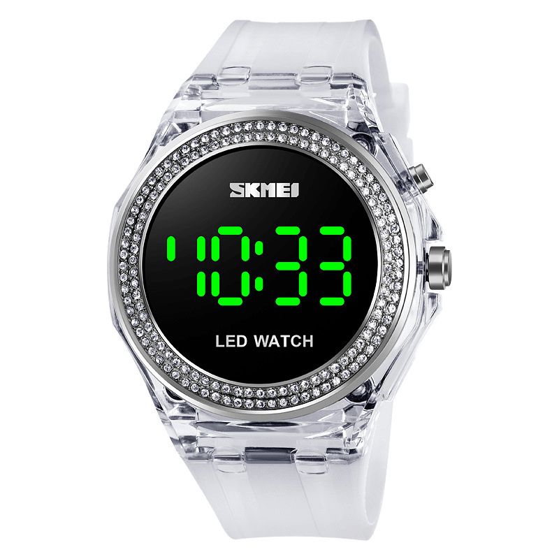 Moda Damskie Zegarek Diamentowa Tarcza Przezroczysty Pasek Pu Luminous Display Lady Digital Watch