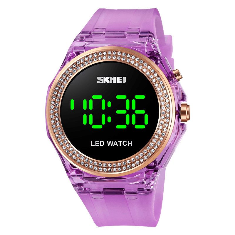 Moda Damskie Zegarek Diamentowa Tarcza Przezroczysty Pasek Pu Luminous Display Lady Digital Watch