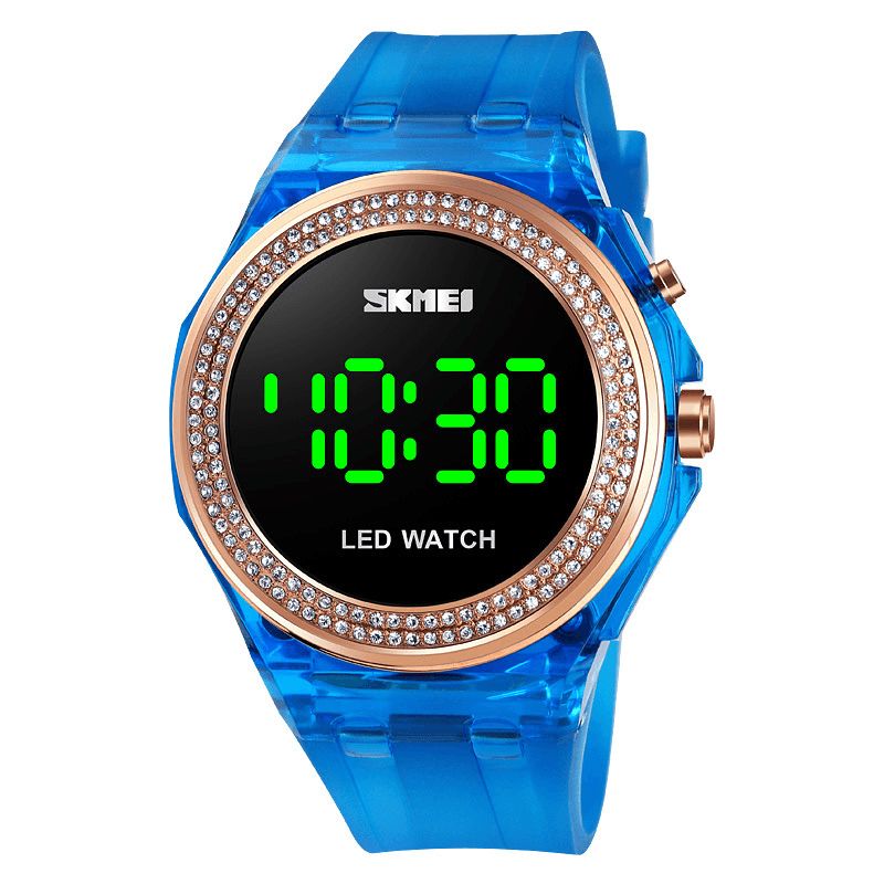 Moda Damskie Zegarek Diamentowa Tarcza Przezroczysty Pasek Pu Luminous Display Lady Digital Watch