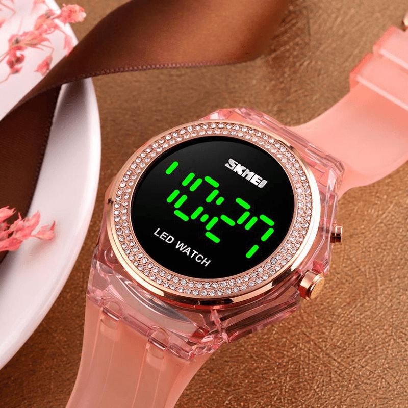 Moda Damskie Zegarek Diamentowa Tarcza Przezroczysty Pasek Pu Luminous Display Lady Digital Watch