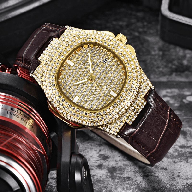 Moda Elegent Alloy Pu Leather Męskie Vintage Diamond Zegarek Belt Zegarek Kwarcowy