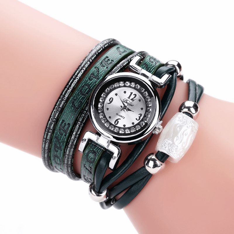 Moda Luxury Rhinestone Pu Leather Damskie Zegarek Kwarcowy Bransoletka Watch