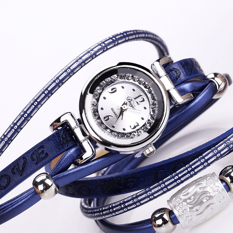 Moda Luxury Rhinestone Pu Leather Damskie Zegarek Kwarcowy Bransoletka Watch