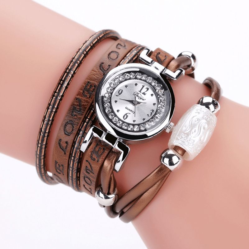 Moda Luxury Rhinestone Pu Leather Damskie Zegarek Kwarcowy Bransoletka Watch