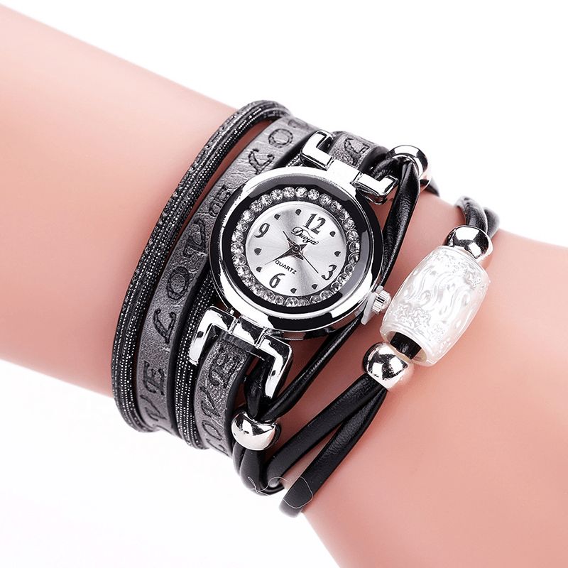 Moda Luxury Rhinestone Pu Leather Damskie Zegarek Kwarcowy Bransoletka Watch