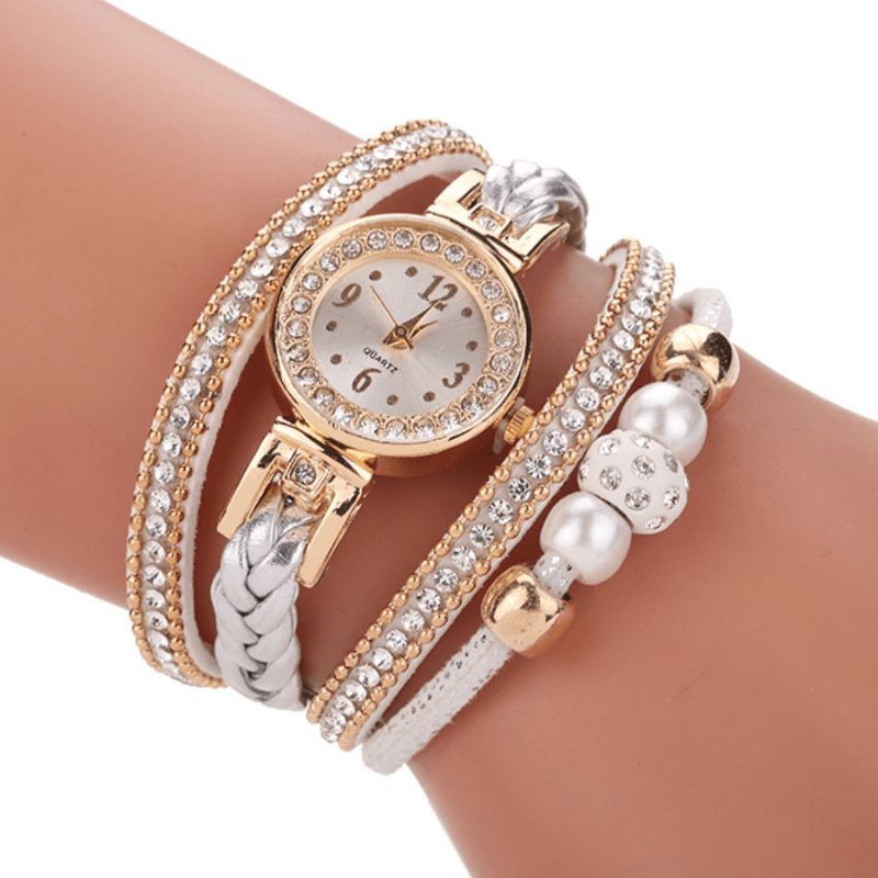 Moda Style Damskie Pearl Pleciony Alloy Damskie Wrist Zegarek Laides Dress Zegarek Kwarcowy Bransoletka