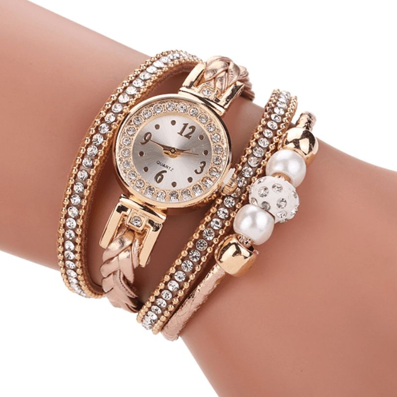 Moda Style Damskie Pearl Pleciony Alloy Damskie Wrist Zegarek Laides Dress Zegarek Kwarcowy Bransoletka