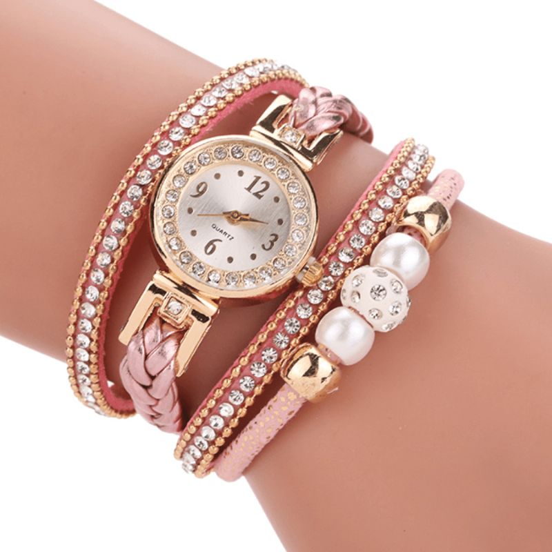 Moda Style Damskie Pearl Pleciony Alloy Damskie Wrist Zegarek Laides Dress Zegarek Kwarcowy Bransoletka