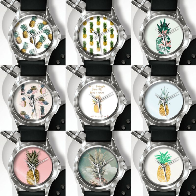 Modny Zegarek Z Nadrukiem Ananasa Letni Zegarek Ze Stopu Owoców Pvc Codzienne Lady Quartz Watch