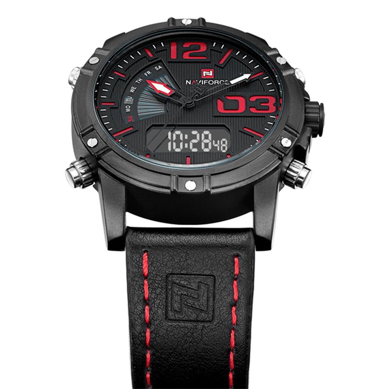 Naviforce 9095 Moda Sports Męskie Zegarek Codzienne Skórzany Pasek Sportowy Zegarek Z Podwójnym Ruchem