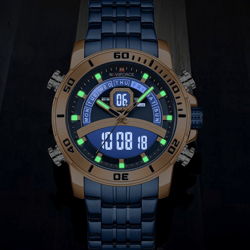 Naviforce 9181S Full Steel Dual Display Chronograph Męskie Wrist Zegarek Luminous Hand Quartz Watch