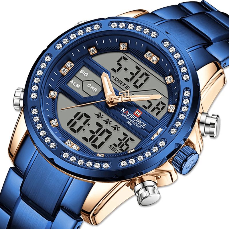 Naviforce 9190 Crystal Full Steel Band Dual Display Zegarek Kalendarz Alarm Męskie Wrist Watch